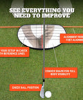 Golf alignment mirror with gridlines and two rods on grass for swing and putting practice, alignment mirror training aid.
