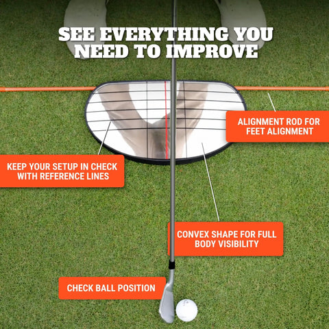 Golf alignment mirror with gridlines and two rods on grass for swing and putting practice, alignment mirror training aid.