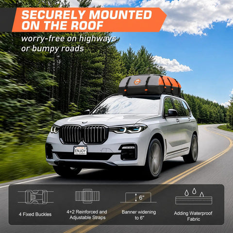 Rooftop Cargo Carrier Bag 21 Cubic 1000D PVC Waterproof Soft Shell For Cars With Or Without Roof Rack on a car roof