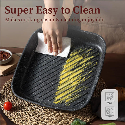 11 Inch Nonstick Grill Pan For Steak With Granite Coating being cleaned with paper towel, square grill skillet indoors, easy clean
