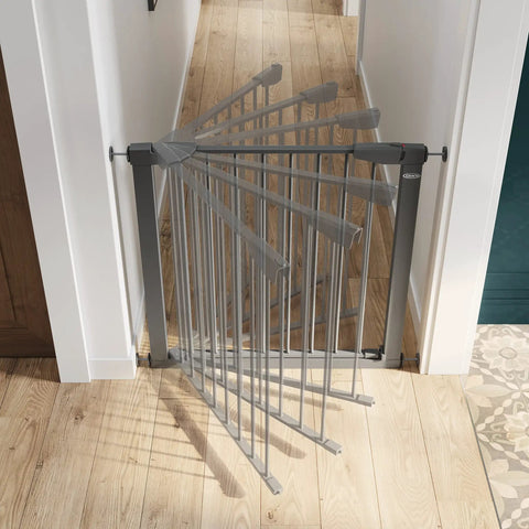 Walk Through Metal Baby Gate For Doorways, Adjustable From 29.5 To 40.5 Inches, 29.5 Inches Tall, Pressure Mounted, Gray, Open Movement