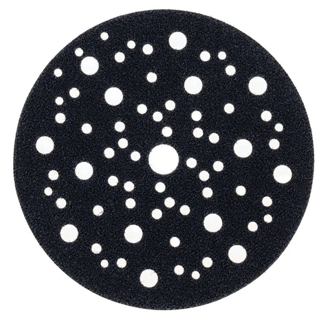 A round black pad protector with multiple holes for sanding blocks, part of Six Inch Pad Protectors For Sanding Blocks Five Pack Velcro Pad Saver Hook And Loop Shield Keeps Sander Plate Safe And Velcro Surface Intact Easy Attach To Grinding Plate.