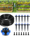 50Ft Garden Drip Irrigation Kit with Automatic Watering System Quick Connectors Five Way Connector Adjustable Drippers shown in garden