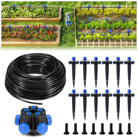 50Ft Garden Drip Irrigation Kit with Automatic Watering System Quick Connectors Five Way Connector Adjustable Drippers shown in garden