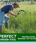 Person using Heavy Duty Weeding Sickle Machete Garden Tool With Thick Carbon Steel Blade For Brush Clearing Yard Work