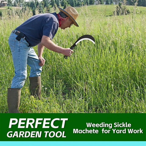 Person using Heavy Duty Weeding Sickle Machete Garden Tool With Thick Carbon Steel Blade For Brush Clearing Yard Work