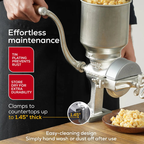 Heavy Duty Cast Iron Grain Mill With High Hopper Manual Crank Grinder installed on countertop, ideal for home kitchen milling