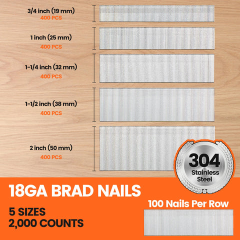Image showing 18 Gauge Stainless Brad Nails 304 Stainless Assorted Five Sizes Three Quarters Of An Inch To Two Inches Two Thousand Count