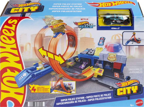 Police Station Track Set With Adjustable Loop And Four Lane Race 1:64 Scale Die Cast Vehicle Included Multi Path Stunts And City Chase Action For Kids Kid Friendly Durable Playworthy Raceway Fun packaging