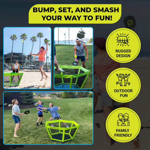 People playing Pickleball Roundnet Yard Game For Outdoor Fun Beach Backyard Lawn Play With Easy Assembly Includes Paddles Balls And Case
