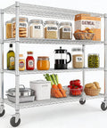 Heavy Duty Four Tier Metal Wire Storage Rack With Smooth Locking Casters And Rust Resistant Matte Finish storing jars and supplies in a kitchen.