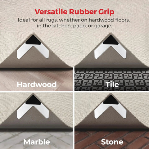 Rug Corner Gripper Set 8 Pack For Indoor And Outdoor Use Keeps Rugs From Curling And Slipping With Strong Adhesive on various surfaces.