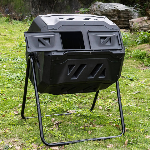 42 Gallon Black Outdoor Garden Compost Tumbler Bin With Dual Chambers Rotating For Continuous Composting And Yard Waste Fully Assembled Easy Setup No Tools Needed Durable Construction