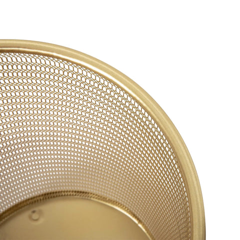 Close-up of Ryder Gold Mesh Metal Trash Can 4.5 Gallon Office Wastebasket With Non Slip Feet showing gold mesh detail and rim design.