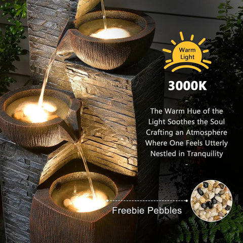 Tall Outdoor Water Fountain With Stone Texture, Four Tier Cascading Bowls For Patio Deck Porch Yard And Garden, 38.2 Inches High.