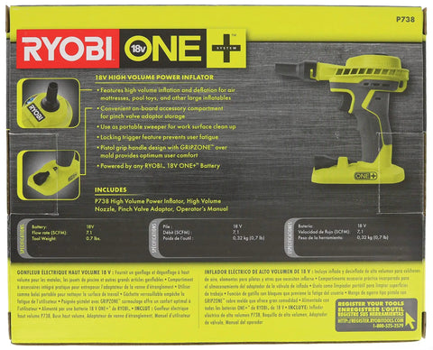 18V One Plus High Volume Power Inflator And Deflator For Mattresses And Recreational Inflatables product box with features and specifications displayed