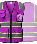 Front and back view of Nine Pocket Women Hi Vis Reflective Safety Vest With Mesh Neon Purple Fabric Yellow Extended Trim and Reflective Strips.