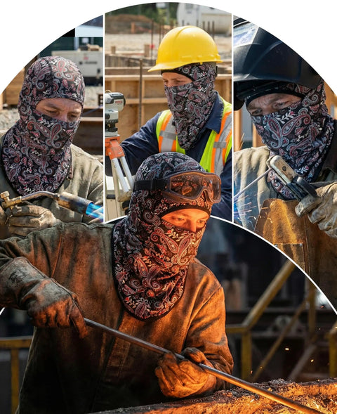 Flame Resistant Balaclava Face Mask For Welding Gear That Lasts Lightweight 5.5oz Cotton Arc Rated Helmet Liner in use by workers.