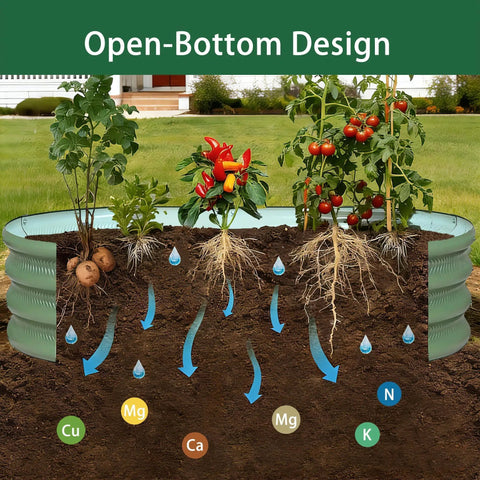 Cross-section of Two Pack Raised Garden Bed Kits 4x2x1 Ft Green Oval Galvanized Metal Planter Beds showing soil and root system.