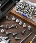 Built Tough 50 Piece Pack Of 5 16 18 By 3 4 Inch 304 Stainless Steel Flanged Bolts on a wooden surface with tools.