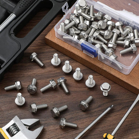 Built Tough 50 Piece Pack Of 5 16 18 By 3 4 Inch 304 Stainless Steel Flanged Bolts on a wooden surface with tools.