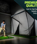Elite Golf Net With LoftGuard Canopy And Steel Frame 8 By 8 Foot Practice Hitting Net For Indoor And Outdoor Use Built For High Launch Shots Wedge Gapping And Consistency set up indoors with man practicing golf stroke