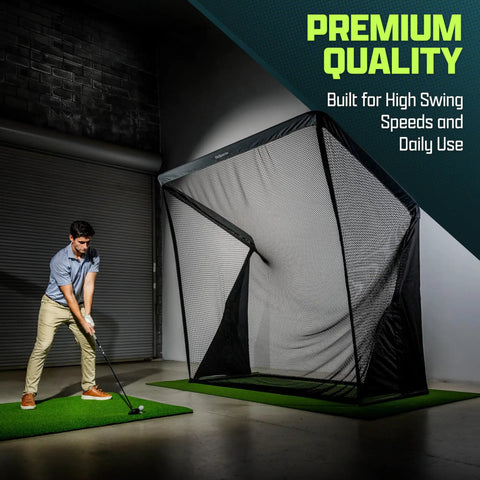 Elite Golf Net With LoftGuard Canopy And Steel Frame 8 By 8 Foot Practice Hitting Net For Indoor And Outdoor Use Built For High Launch Shots Wedge Gapping And Consistency set up indoors with man practicing golf stroke