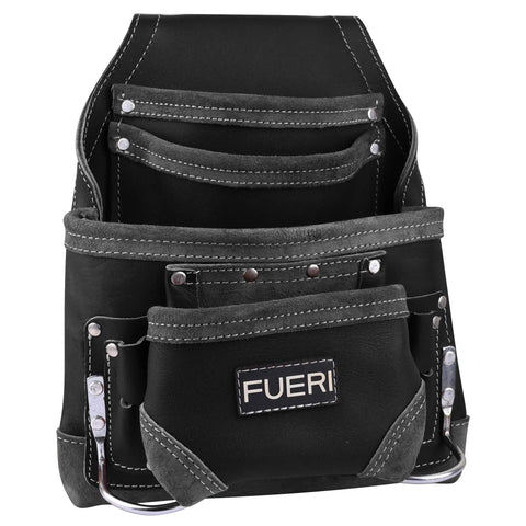Black Full Grain Leather Tool Pouch With 10 Pockets And Dual Hammer Holster displayed front view