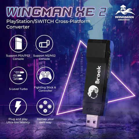 Wingman XE 2 Converter Two in One Wireless Controller Adapter for PS5 PS4 PS3 NS NS 2 and PC with icons and triangle outline