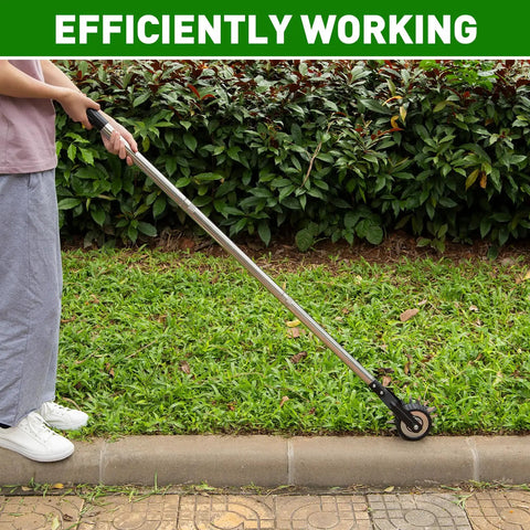 Person using Heavy Duty Rotary Wheel Lawn Edger With Adjustable 23.6 To 67 Inch Length, Stainless Steel Handle And Sharp Serrated Blades on sidewalk edge.