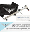 CycloSpirit Rear Derailleur Hanger Alignment Gauge with user manual, packaging, and carrying case.