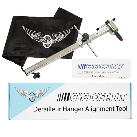 CycloSpirit Rear Derailleur Hanger Alignment Gauge with user manual, packaging, and carrying case.