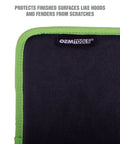 Close-up of Magnetic Tool Pad 12.5 x 9.75 Inch Flexible Magnet Tray in Green and Black with protective surface label.