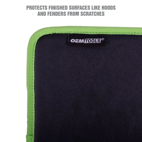 Close-up of Magnetic Tool Pad 12.5 x 9.75 Inch Flexible Magnet Tray in Green and Black with protective surface label.