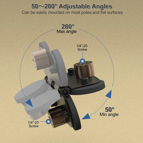 Diagram of heavy duty magnetic fence mount for action cameras and phones showing screws and adjustable angles.
