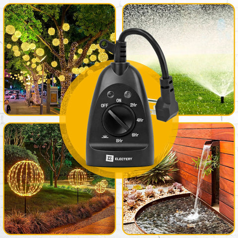 Heavy Duty Outer Timer Outlet Waterproof Plug In Dusk To Dawn Light Sensor 24 Hour Mechanical Countdown displayed with garden lights and sprinklers.