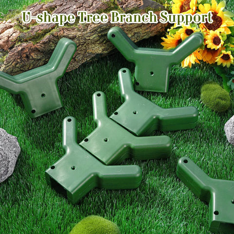 16 Piece Tree Support Kit for Fruit Trees and Vines, Plastic Branch Braces to Prevent Breakage, Fits Standard 1.57 By 1.57 Inch Lumber, A Handy Garden Hack for Backyards, Orchards And Vineyards, Includes Screws, Green, green plastic U-shaped braces on grass