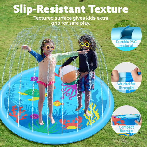 Two kids playing on a 60 Inch Splash Pad Water Toy For Kids And Toddlers with a sea theme, showcasing slip-resistant surface and sprinkler function.