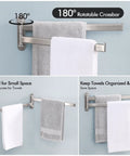 Ultra Sturdy 15.5 Inch Four-Arm Swivel Towel Rack For Wall Mount, Built For Real Life Bathrooms, SUS304 Stainless Steel Brushed Finish, Heavy Duty Towel Bar With Adjusted Screws And Anchors For Solid Walls And Drywall, Model A2104S4L40-2 displayed in use with towels, emphasizing rotatable design and space-saving features.
