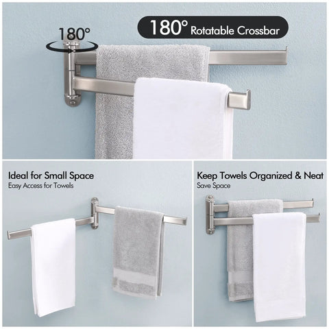 Ultra Sturdy 15.5 Inch Four-Arm Swivel Towel Rack For Wall Mount, Built For Real Life Bathrooms, SUS304 Stainless Steel Brushed Finish, Heavy Duty Towel Bar With Adjusted Screws And Anchors For Solid Walls And Drywall, Model A2104S4L40-2 displayed in use with towels, emphasizing rotatable design and space-saving features.