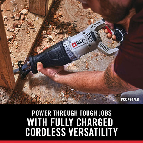 Killer 20V Max Lithium Eight Tool Combo Kit With Dual Batteries And Quick Charger Features Compact Drill Driver And High Output Impact For Zero Sweat Weekend Upgrades, showing reciprocating saw cutting wood.