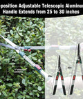 Heavy Duty Three Piece Garden Tool Set With Telescopic Aluminum Handles Including Bypass Lopper Pruning Shears And Hedge Shears For Thick Branches Shrubs And Hedges Extendable Reach And Easy Yardwork showing telescopic position adjustment on hedge shears
