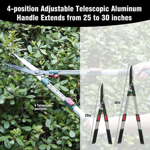 Heavy Duty Three Piece Garden Tool Set With Telescopic Aluminum Handles Including Bypass Lopper Pruning Shears And Hedge Shears For Thick Branches Shrubs And Hedges Extendable Reach And Easy Yardwork showing telescopic position adjustment on hedge shears