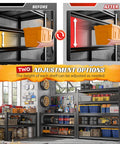 Heavy Duty 5 Tier Garage Shelving Rack With Adjustable Metal Shelves, Steel Storage Organizer For Tools And Parts, 3000 Lb Capacity, No Sag, Easy Assembly, Durable Garage Shelves. Before and after shelf adjustment