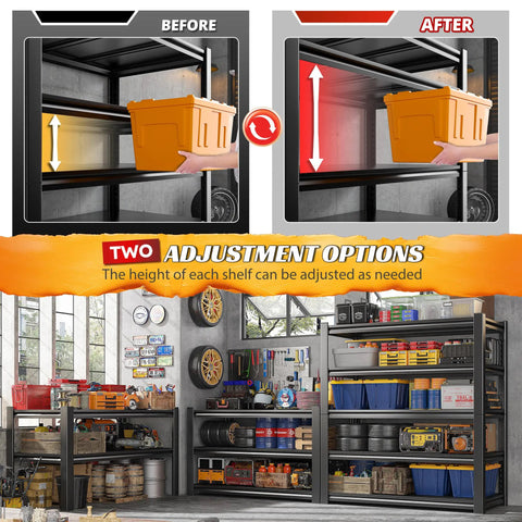 Heavy Duty 5 Tier Garage Shelving Rack With Adjustable Metal Shelves, Steel Storage Organizer For Tools And Parts, 3000 Lb Capacity, No Sag, Easy Assembly, Durable Garage Shelves. Before and after shelf adjustment
