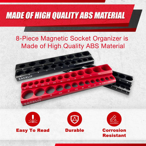 Magnetic Socket Organizer Set 8 Piece For SAE And Metric Deep And Shallow Sockets Holds 199 Sockets One Half Inch One Quarter Inch Three Eighths Inch ABS Material Tray Holder Kit Sockets Not Included