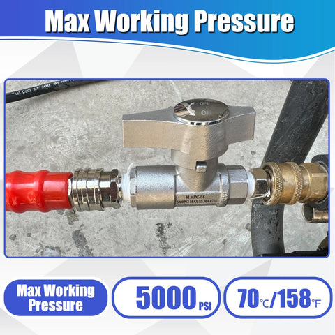 Side view of M MINGLE ball valve for pressure washer hose, 3/8-inch quick-connect, 5000 PSI, with on/off knob