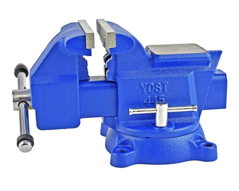 Beefy 6 Inch Combination Vise For Pipe And Bench Work With Swivel Base Cast Iron Frame And Steel U Channel Replaceable Serrated Jaws Big Anvil Surface Built Tough And Ready. Blue 6-inch bench vise with swivel base and anvil surface