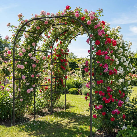 87 Inch Tall Garden Arch Trellis For Climbing Plants Outdoor Black Plastic Coated Metal Cucumber Arbor Arch For Lawn Patio Backyard Decoration And Yard Ready Sturdy Plant Support with blooming roses
