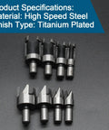 Top Tier 8 Piece Hardwood Plug Cutter Bit Set Features Standard And Four Tooth Chamfered Heads For Smooth Joint Repairs Made From Heavy Duty Carbon Steel That Knocks Out Tough Drilling Chores With Zero Sweat And Killer Longevity, High Speed Steel, Titanium Plated